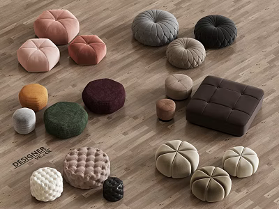 Colorful Fabric Stools With Tufted Design And Various Shapes On Wooden Floor 3d model