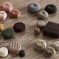 Colorful Fabric Stools With Tufted Design And Various Shapes On Wooden Floor