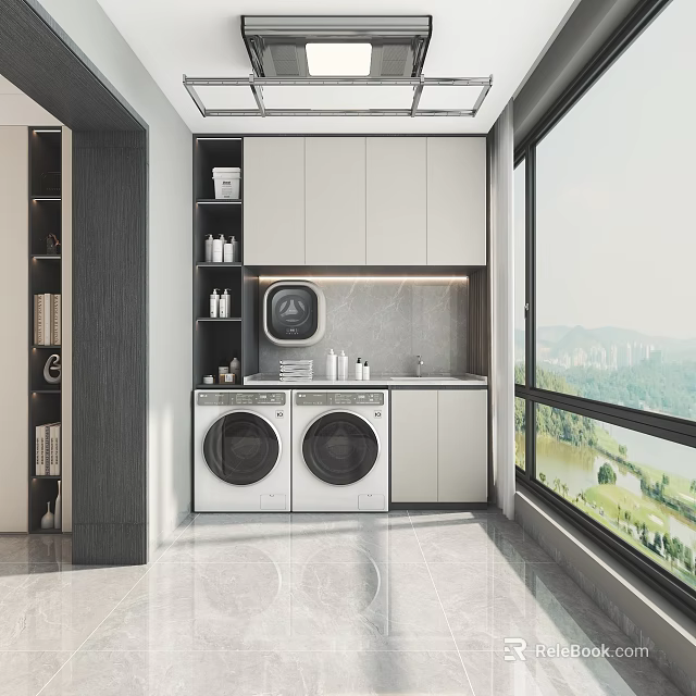 Modern Home Balcony with Double Washing Machines White Cabinets Gray Countertop and Mountain City View 3d model 