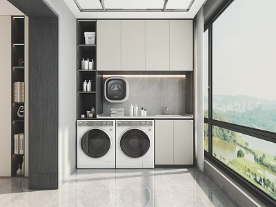 Modern Home Balcony with Double Washing Machines White Cabinets Gray Countertop and Mountain City View 3d model