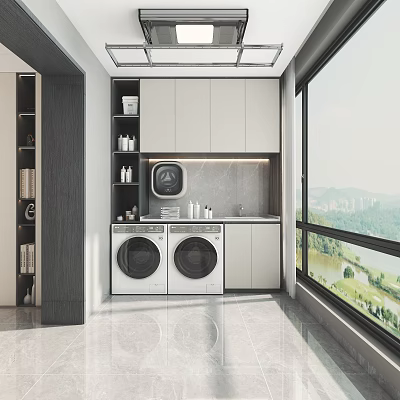 Modern Home Balcony with Double Washing Machines White Cabinets Gray Countertop and Mountain City View 3d model