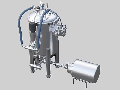 Stainless Steel Industrial Vessel With Blue Hoses Cylindrical Tank And Support Stand 3d model