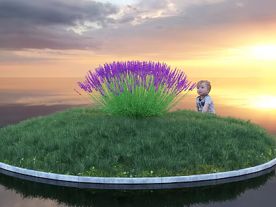 Vibrant Purple Lavender Bush in Circular Grassy Area With Child Near Water at Sunset 3d model