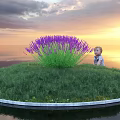 Vibrant Purple Lavender Bush in Circular Grassy Area With Child Near Water at Sunset