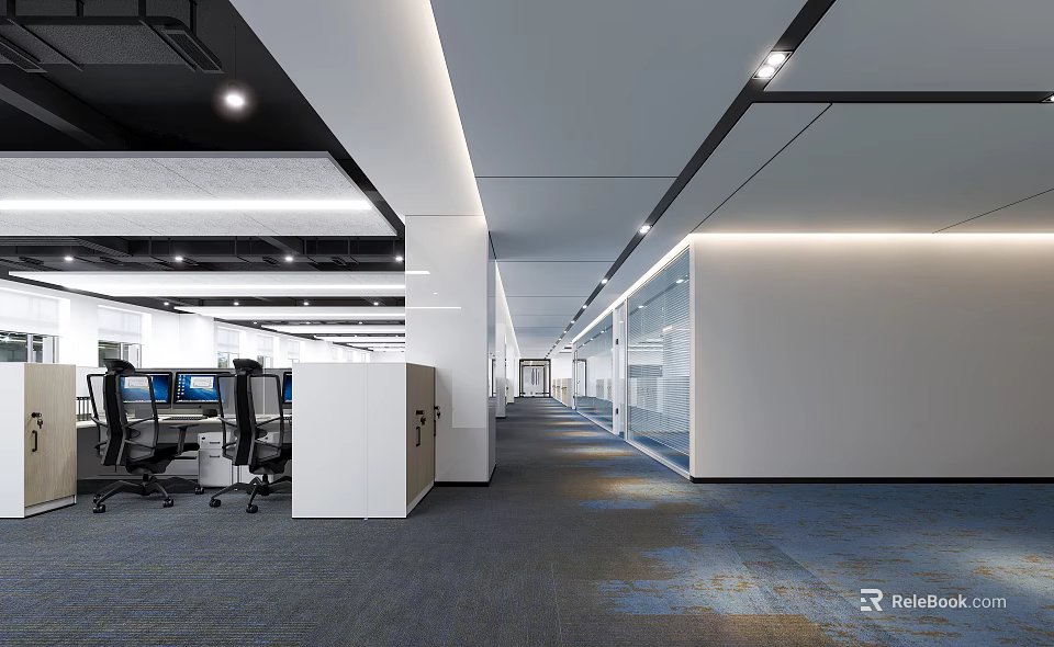 Modern Public Office Space With Open Workstations Computers White Partitions Blue Carpet And Ceiling Lights 3d model