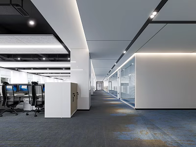 Modern Public Office Space With Open Workstations Computers White Partitions Blue Carpet And Ceiling Lights 3d model