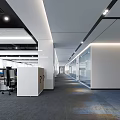 Modern Public Office Space With Open Workstations Computers White Partitions Blue Carpet And Ceiling Lights 3d model