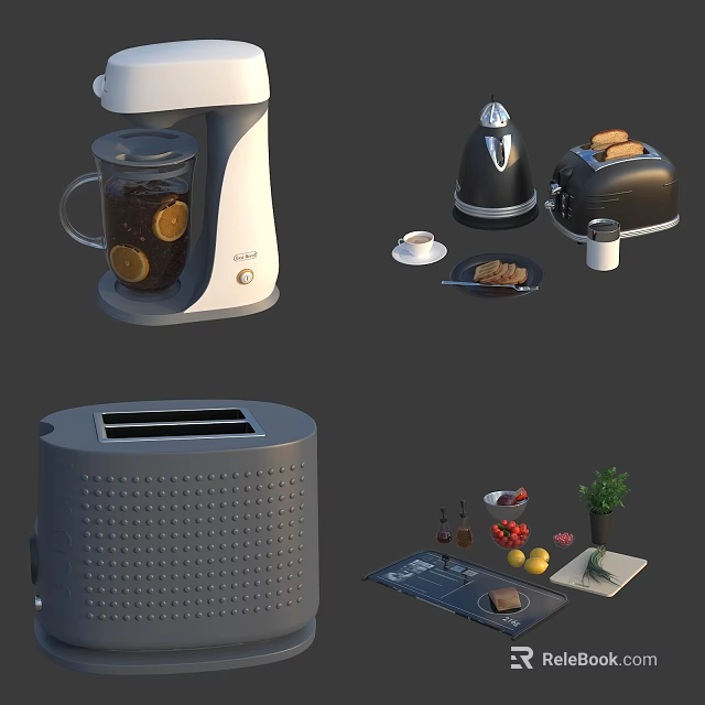 Essential Kitchen Appliances Including Blender Toaster Juicer With Food Items On Counter 3d model 