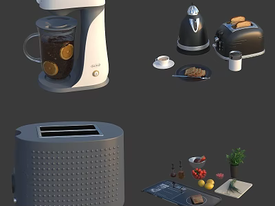 Essential Kitchen Appliances Including Blender Toaster Juicer With Food Items On Counter 3d model