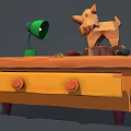 Functional Wooden Desk with Green Desk Lamp Wooden Dog Sculpture Tools and Red Knob Drawer