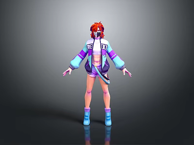 3D Character With Red Hair Purple Blue Coat Shorts And Blue Boots Standing 3d model