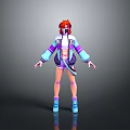 3D Character With Red Hair Purple Blue Coat Shorts And Blue Boots Standing