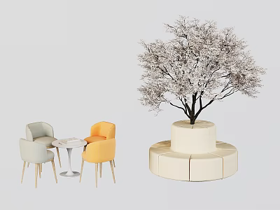 Two Colored Chairs With Small Round Table And Blooming Tree On Circular White Platform 3d model
