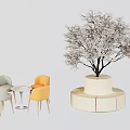 Two Colored Chairs With Small Round Table And Blooming Tree On Circular White Platform
