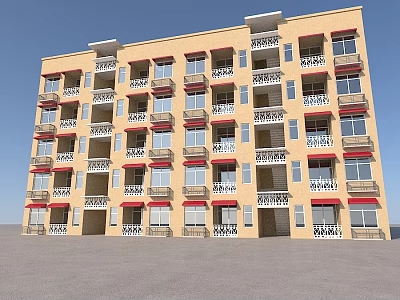 Modern Multi Story Residential Building with Yellow Exterior Red Window Frames and Balconies 3d model