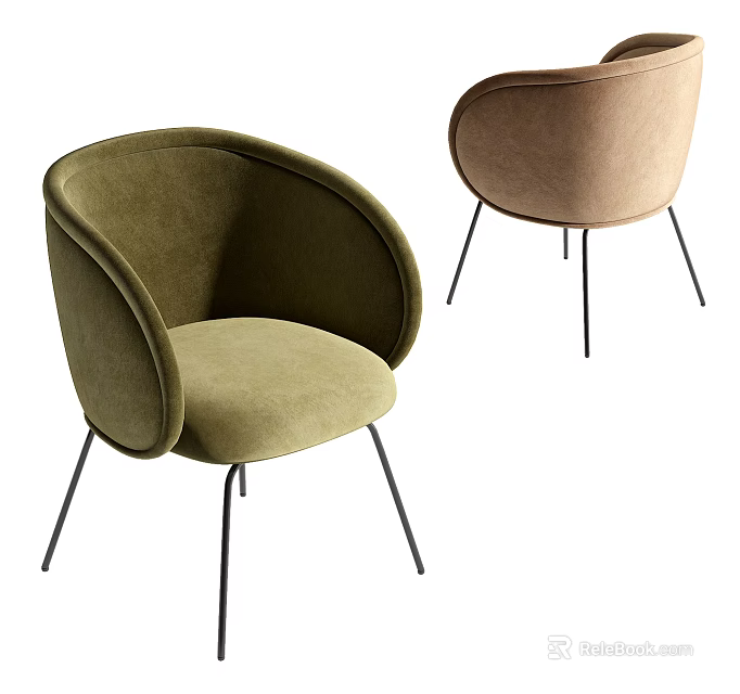 Green and Brown Velvet Dining Chairs With Curved Backrest And Black Thin Legs 3d model 