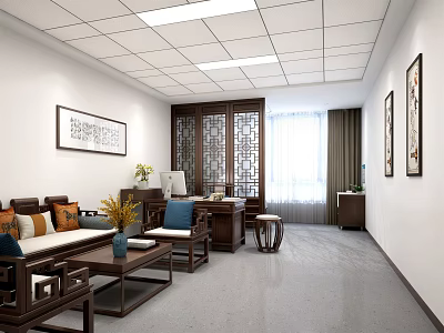 Chinese Style Interior Room With Sofa Coffee Table Desk Screen And Paintings 3d model