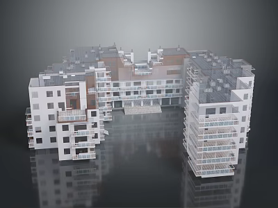 Modern Urban Architectural Complex With Circular Layout Multi Storey Buildings And Reflective Ground 3d model