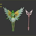 Mythical Winged Angelic Figure With Golden Crown And White Trident Weapon