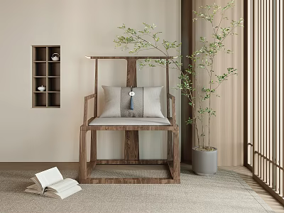Natural Wooden Single Chair with Light Cushions Blue Accent Green Plant and Open Book 3d model