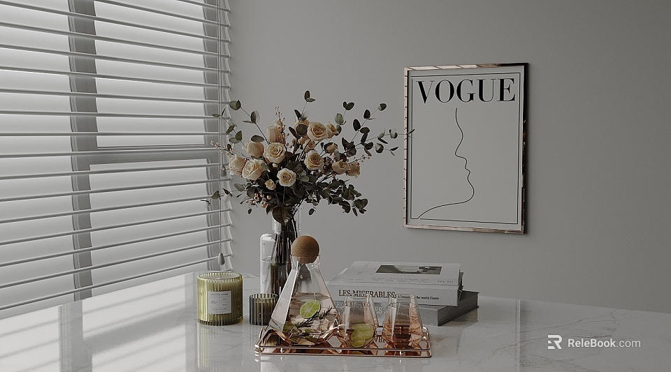 Stylish Home Decorative Living Items With Flower Bouquet Candle Tray Vogue Magazine On White Tabletop 3d model 