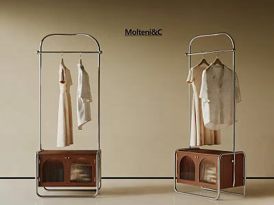 Modern Clothes Rack With Metal Frame Wooden Base And Hanging Clothes 3d model