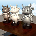 Three Silver White Cow Sculptures Decorative Art On Wooden Platform With Sky Clouds