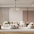 Modern Living Room with Sofa Gold Chandelier Striped Wall Paneling Soft Rug and Plants