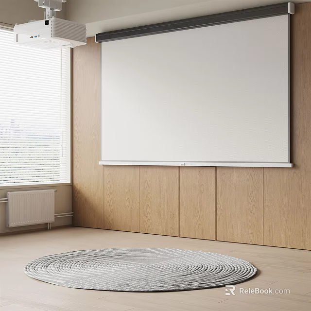Projection Monitoring System In Indoor Room With Wooden Walls Large White Screen And Window Blinds 3d model 