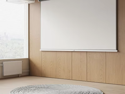 Projection Monitoring System In Indoor Room With Wooden Walls Large White Screen And Window Blinds 3d model