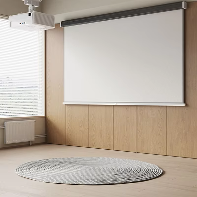 Projection Monitoring System In Indoor Room With Wooden Walls Large White Screen And Window Blinds 3d model