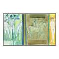 Vintage Artwork Featuring Running Horses Riders Arched Doorway People Yellow And White Flags