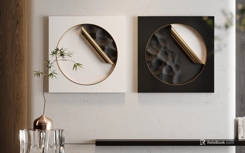 Two Abstract Paintings With Circular Gold Elements On White And Black Backgrounds For Home Decor 3d model 