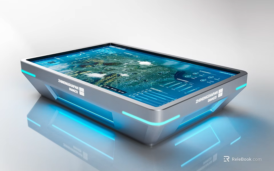 Modern Commercial Interactive Touchscreen Display With Metal Frame Blue Lighting And Geographic Interface 3d model 