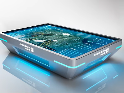 Modern Commercial Interactive Touchscreen Display With Metal Frame Blue Lighting And Geographic Interface 3d model