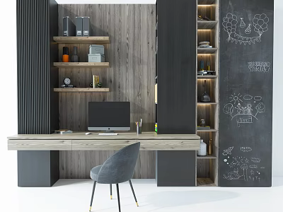Modern Wooden Desk With Computer Monitor Gray Chair Open Shelves And Chalkboard Wall 3d model