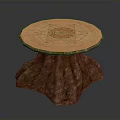 Natural Wooden Table with Circular Top Geometric Pattern and Tree Stump Base 3d model