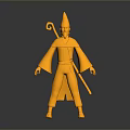 Golden Woman Doll Wearing Pointed Hat Holding Staff In Robe On Black Background