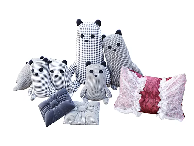 Adorable Animal Shaped Plaid Pillows With Lace Trim And Colorful Designs 3d model