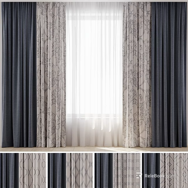 Elegant Layered Curtains With Dark Gray And Beige Floral Patterns For Window Decoration 3d model 