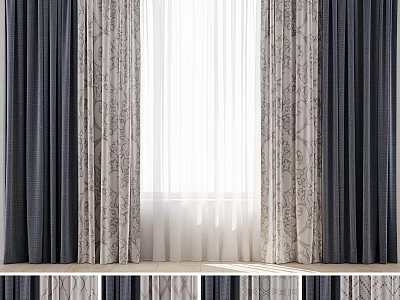 Elegant Layered Curtains With Dark Gray And Beige Floral Patterns For Window Decoration 3d model