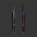 Fantasy Weapons Collection Featuring Decorated Swords And Wooden Shields With Blue Gold Patterns