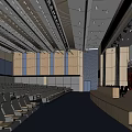 Spacious Conference Room With Neatly Arranged Seats Ceiling Lighting And Wooden Wall Decor