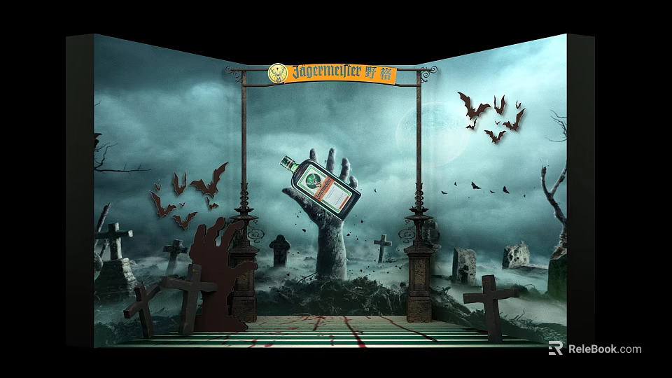 Halloween Themed Photo Spot With Zombie Hand Graves Bats And Dark Sky 3d model 