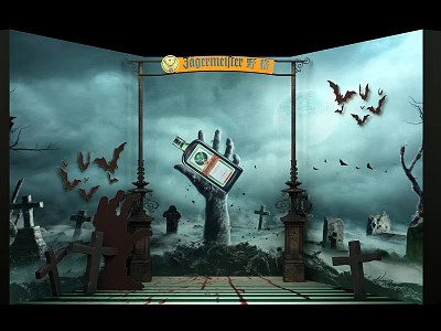 Halloween Themed Photo Spot With Zombie Hand Graves Bats And Dark Sky 3d model