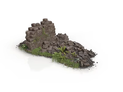 Modern Natural Scene With Stacked Stone Pile Green Plants And Grass 3d model