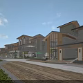 Modern Commercial Street With Multi Story Buildings Large Windows Pedestrian Walkway And Outdoor Seating