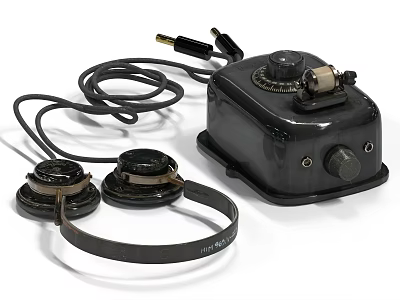 Vintage Industrial Equipment Control Box With Headphones Connecting Wires And Mechanical Knobs 3d model