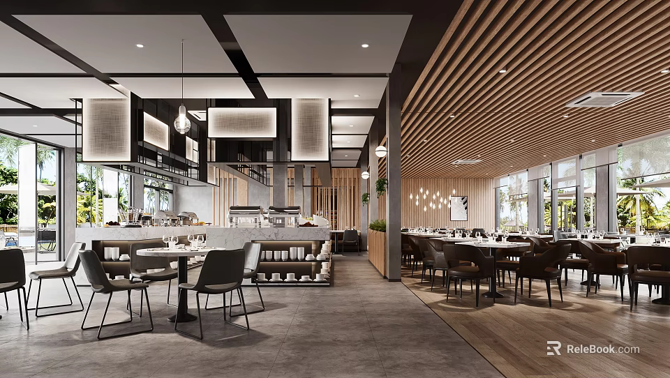 Modern Restaurant Interior With Wooden Ceiling Dining Tables And Warm Lighting Design 3d model