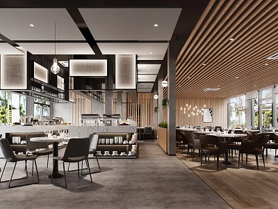 Modern Restaurant Interior With Wooden Ceiling Dining Tables And Warm Lighting Design 3d model